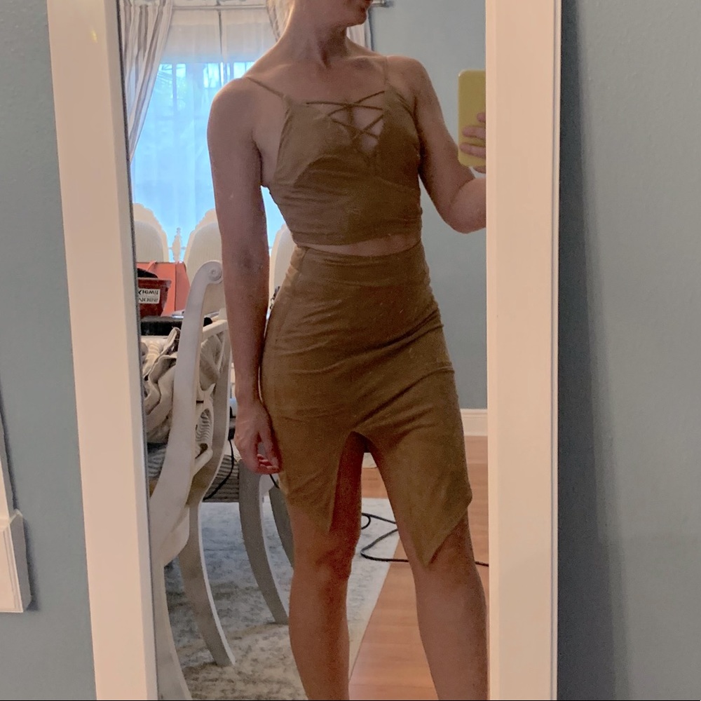 Two piece skirt and crop top set.